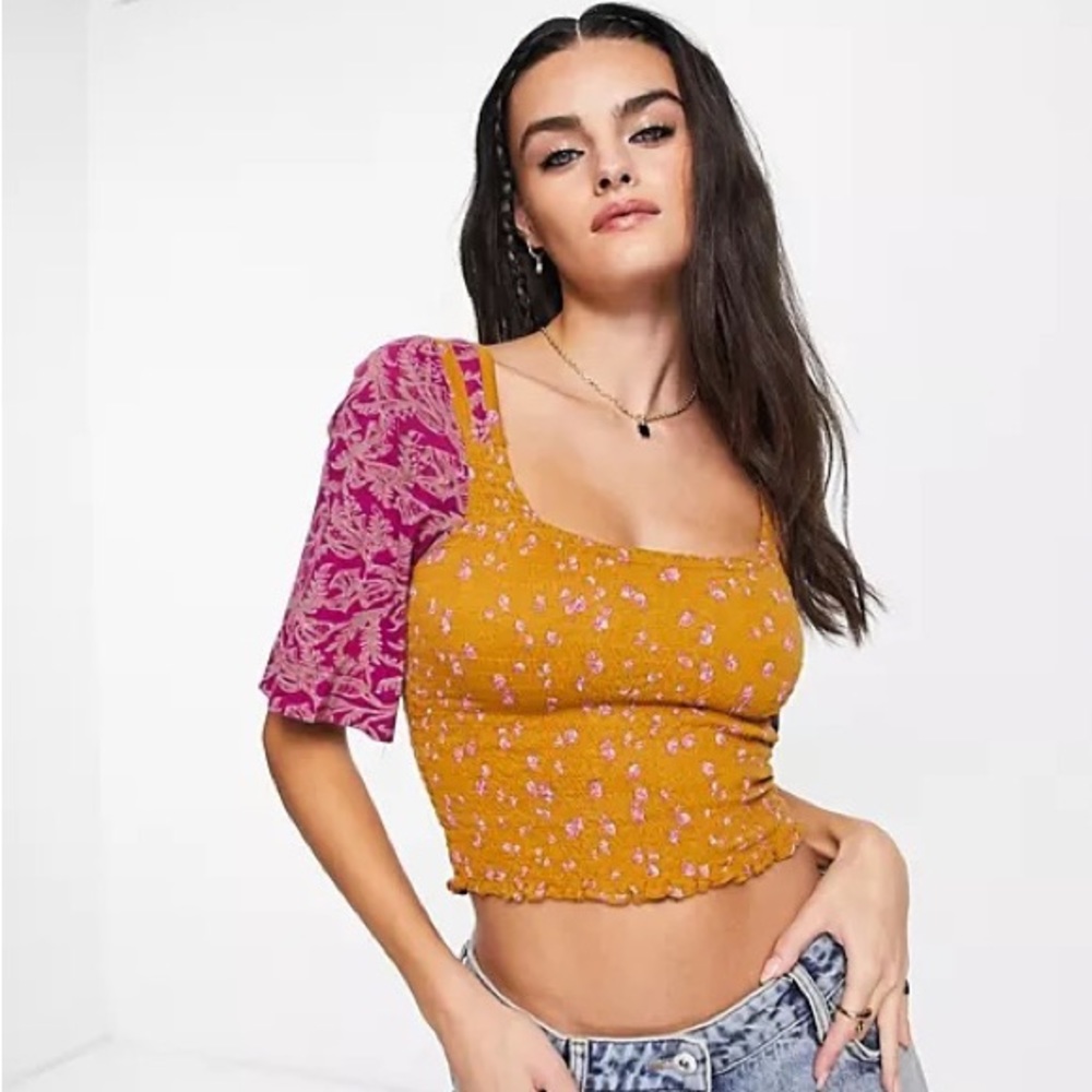 NWT Free People Marigold Floral Boho Crop Tee Shirt in Golden Combo Medium
